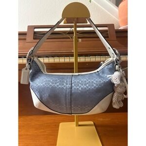Coach Blue Signature Jacquard Mini Hobo Shoulder Bag White Leather Trim  Vintage